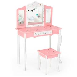 Picture of Total Tactic HW68464PI Kids Vanity Princess Makeup Dressing Table Chair Set with Tri-Folding Mirror, Pink