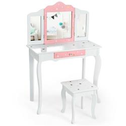 Picture of Total Tactic HW68464WH Kids Vanity Princess Makeup Dressing Table Chair Set with Tri-Folding Mirror, White