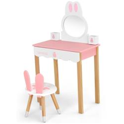Picture of Total Tactic HW68465PI Kids Vanity Set Rabbit Makeup Dressing Table Chair Set with Mirror & Drawer&#44; Pink