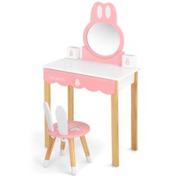 Picture of Total Tactic HW68465WH Kids Vanity Set Rabbit Makeup Dressing Table Chair Set with Mirror & Drawer&#44; White