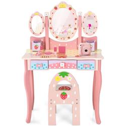 Picture of Total Tactic HW68467PI Kids Vanity Princess Makeup Dressing Table Chair Set with Tri-fold Mirror, Pink