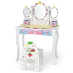 Picture of Total Tactic HW68467WH Kids Vanity Princess Makeup Dressing Table Chair Set with Tri-fold Mirror&#44; White
