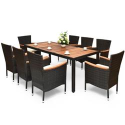 HW68660APlus Patio Rattan Dining Set with Stackable Chair Cushioned & Acacia Wood Table Top - 9 Piece