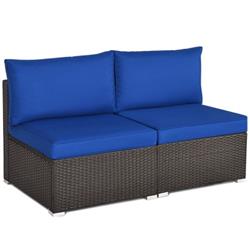 HW68687NY Patio Rattan Armless Sofa Set with 2 Cushions & 2 Pillows, Navy - 2 Piece