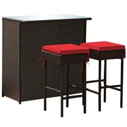 HW68745RE Patio Rattan Wicker Bar Table Stools Dining Set, Red - 3 Piece