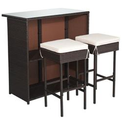 HW68745WH Rattan Wicker Bar Table Stools Dining Set Cushioned Chair, White - 3 Piece