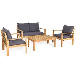HW69256GRPlus Outdoor Acacia Wood Chat Set with Removable Cushions & Table, Gray - 4 Piece