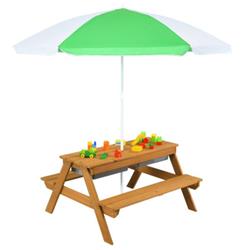 HY10008GW 3-in-1 Kids Outdoor Picnic Water Sand Table with Umbrella Play Boxes