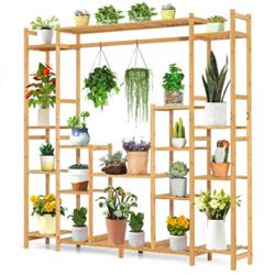 HZ10006 9-Tier Bamboo Potted Plant Stand with Hanging Rack