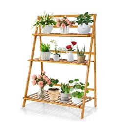 HZ10037NA 3-Tier Bamboo Foldable Plant Stand with Display Shelf Rack, Natural