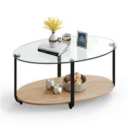 Modern 2-Tier Glass Coffee Table - Clear - Wood Base - Stylish Storage Solution