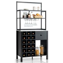 Picture of Total Tactic JV10117BK Kitchen Bakers Rack Freestanding Wine Rack Table with Glass Holder & Drawer, Black