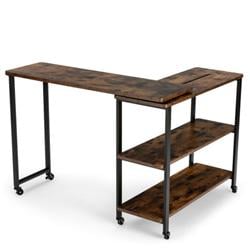 JV10128CF Large 360 deg Free Rotating Sofa Side Table with Wheels & Storage Shelf, Rustic Brown