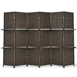 JV10161BN 6-Panel Folding Weave Fiber Room Divider with 2 Display Shelves, Brown