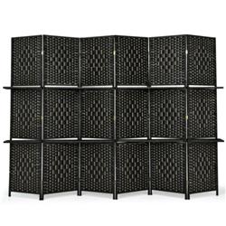 JV10161DK 6-Panel Folding Weave Fiber Room Divider with 2 Display Shelves, Black