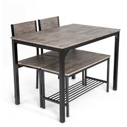 JV10180GR Rustic Dining Table Set with 2 Chair & Bench, Gray - 4 Piece