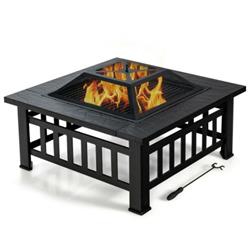 JV10256 32 in. 3-in-1 Outdoor Square Fire Pit Table with BBQ Grill & Rain Cover for Camping