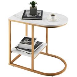 JV10378WH C-Shaped Side Table with Faux Marble Tabletop & Golden Steel Frame, White