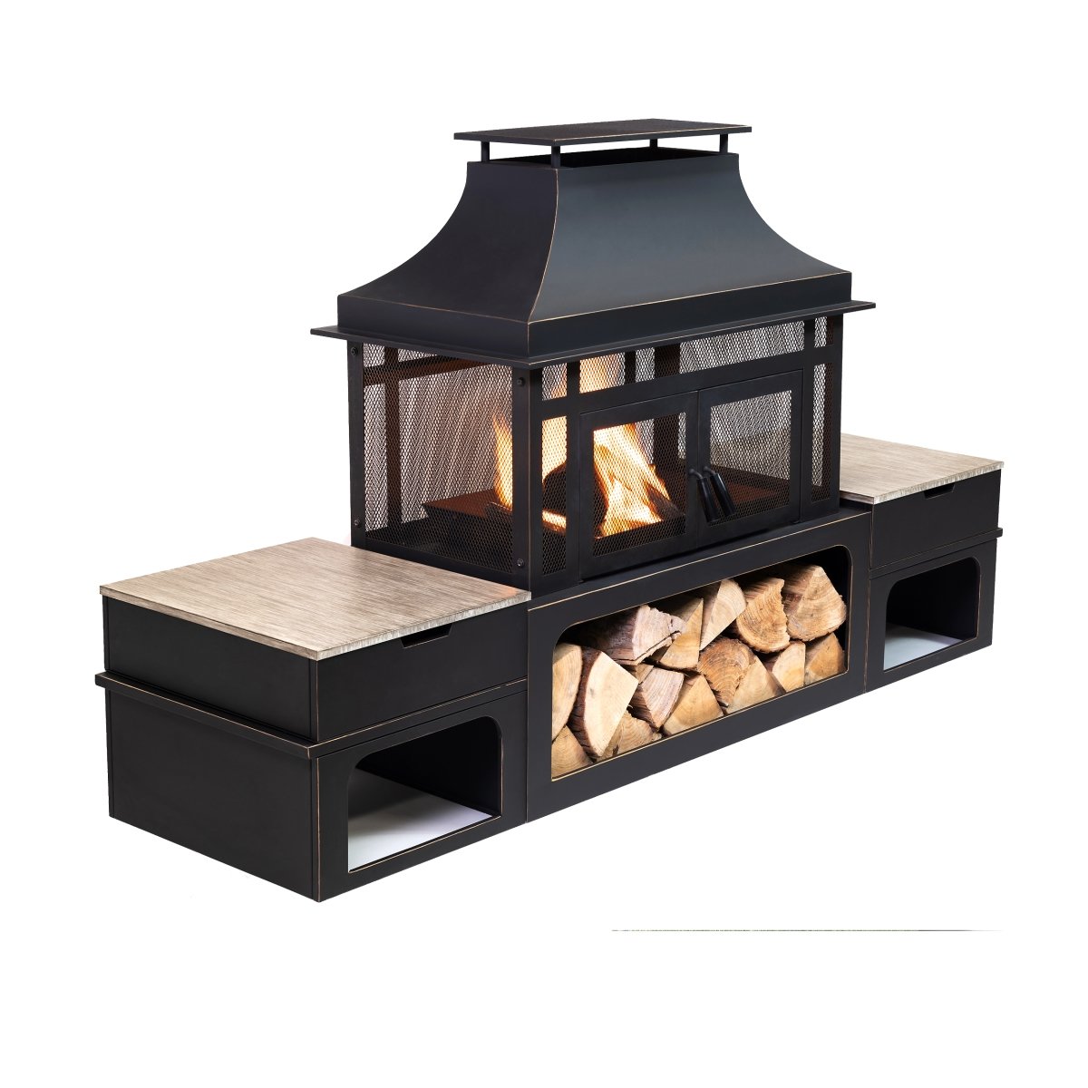 Picture of Deko Living COB10504 80 in. Rectangular Outdoor Steel Woodburning Fireplace with Log Storage Compartment & Side Tables