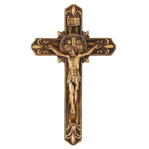 N5009 12.5 in. Saint Benedict Antique Gold Fleur-De-Lis Wall Crucifix