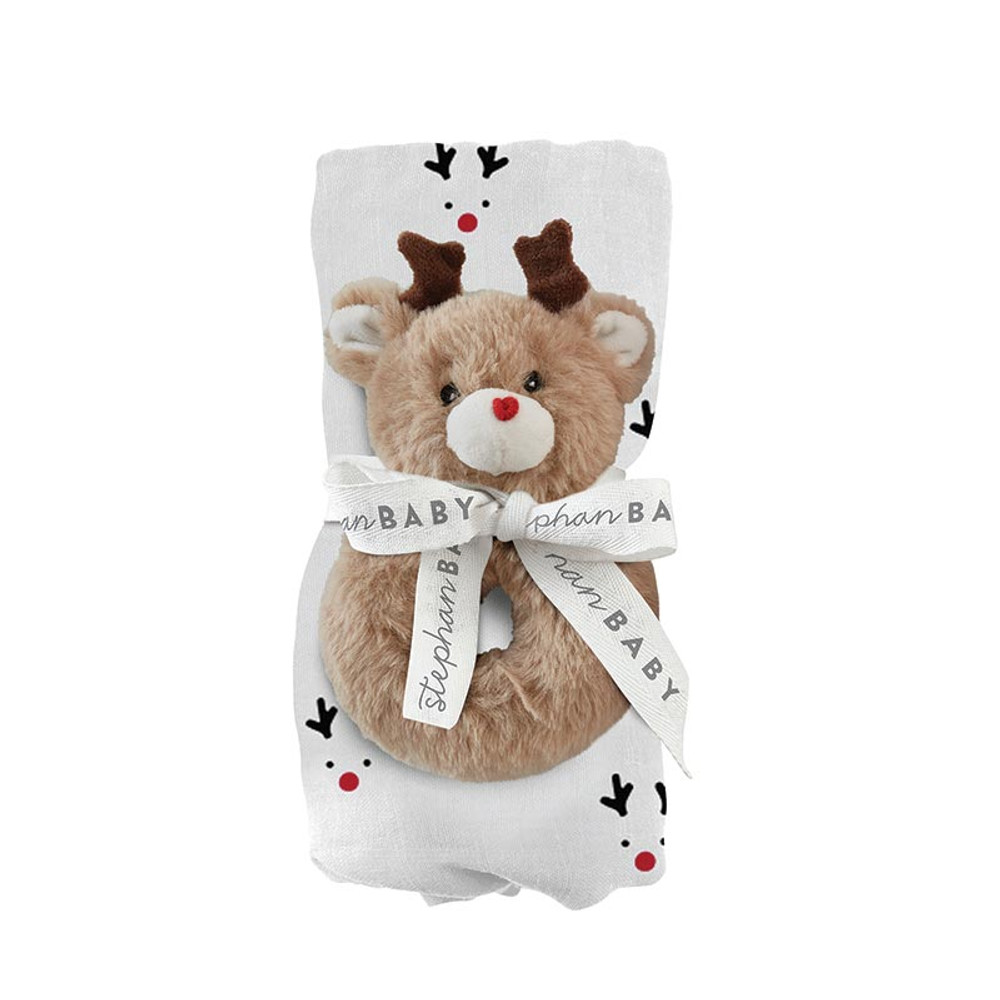 N6582 Swaddle Blanket & Plush Reindeer Rattle