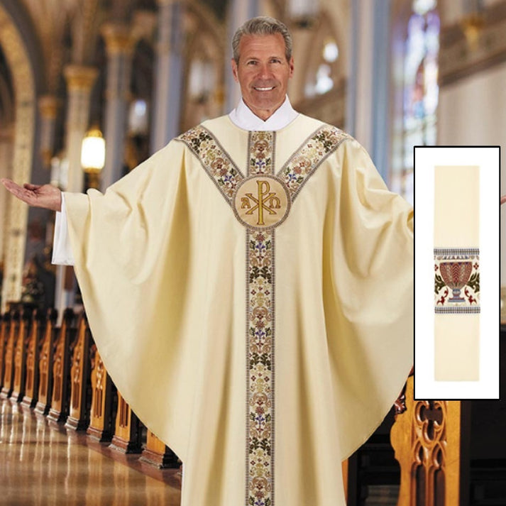 J6435IVY Coronation Collection Semi-Gothic Chasuble with Inner Stole, Ivory