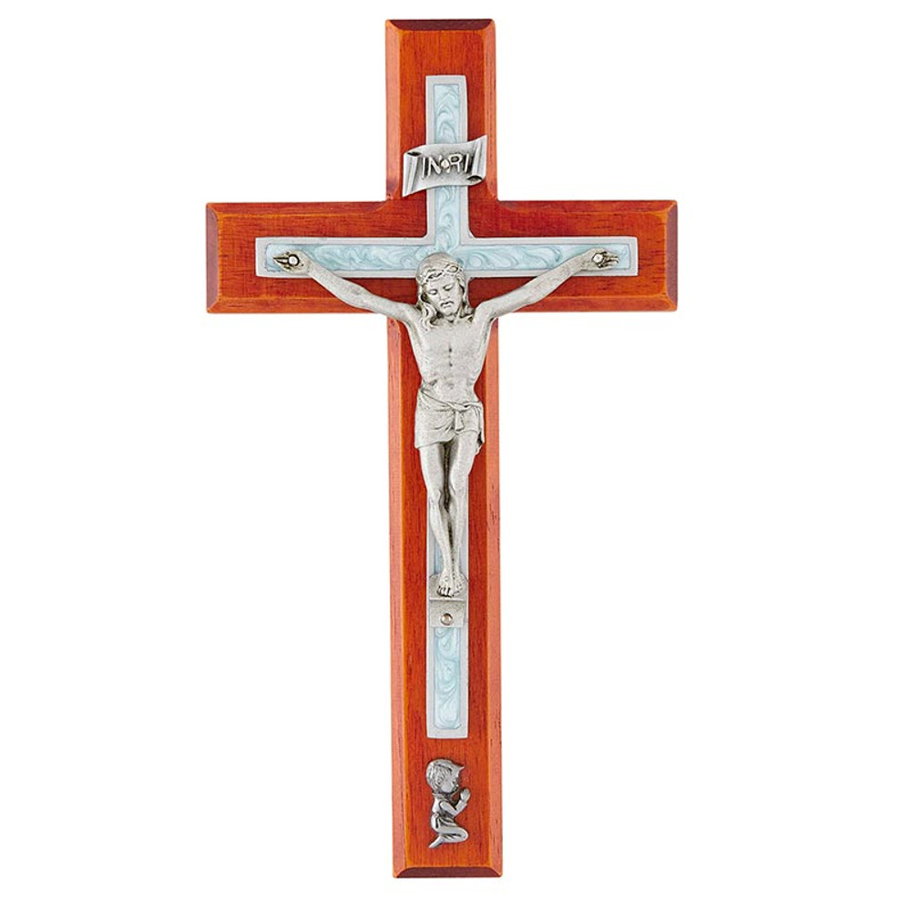 JC-5141-E 8 in. Cherry Crucifix with Blue Baby Boy
