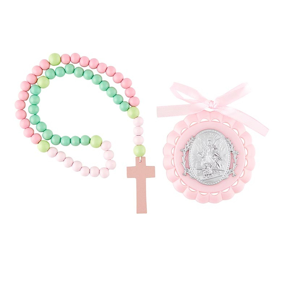 BK-12474 Pink Angel Crib Medal & Rosary Set
