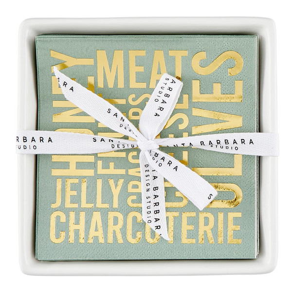 P5805 5 in. Square Ceramic Napkin Tray & Napkins - Charcuterie