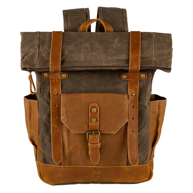 P7505 12.5 x 4.7 in. Vintage Waxed Canvas & Leather Rolltop Backpack