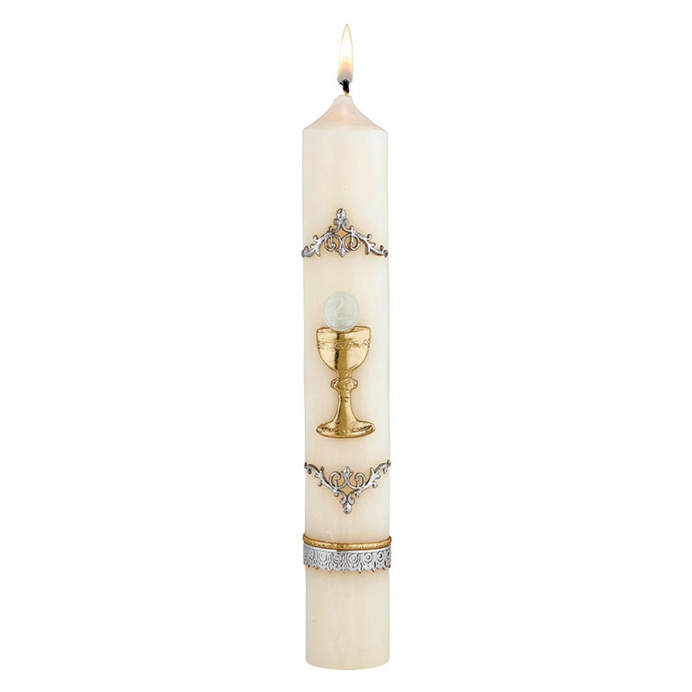 N7369 First Communion Candle - Chalice & Host with Wax Relief