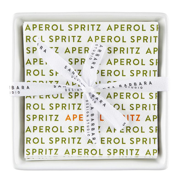 P6533 5 in. Square Ceramic Napkin Tray & Napkins - Aperol Spritz
