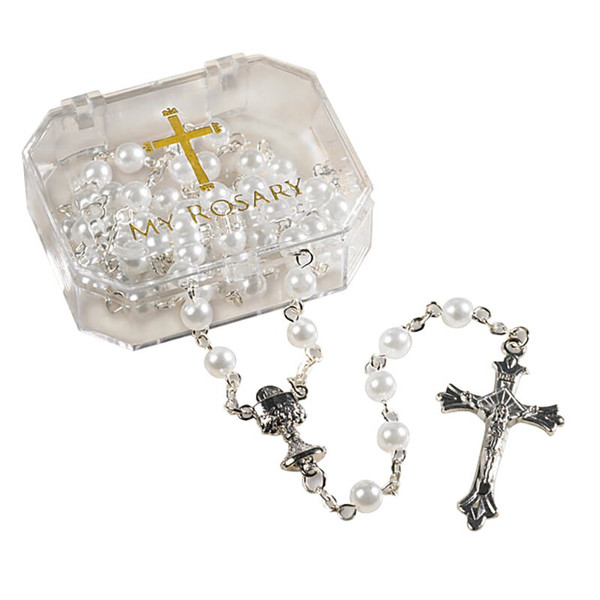 PD075 6 mm White First Communion Rosary - 4 Piece