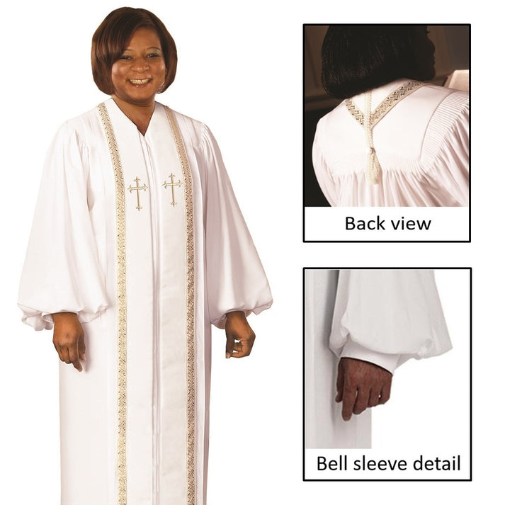 Picture of Christian Brands H-93FWHTHF582 Murphy RT Wesley Collection Embroidered Pulpit Robe for Women&#44; White - Size HF582 - Height 5 ft. 10 in. - Chest 41 in.