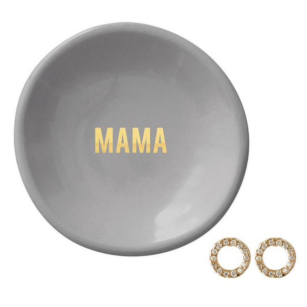 L1836 3 in. Round Ceramic Ring Dish & Earrings - Mama