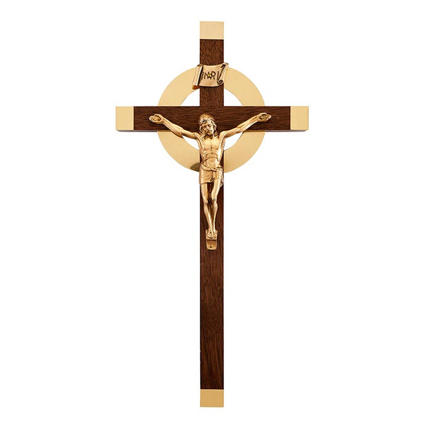 JC-1739-K 12 x 5 in. Sunburst Crucifix, Walnut & Gold