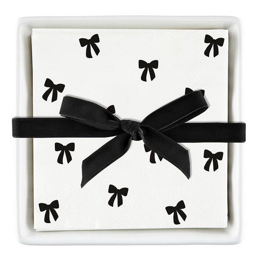 R0116 Ceramic Tray & Napkins - Black Bows