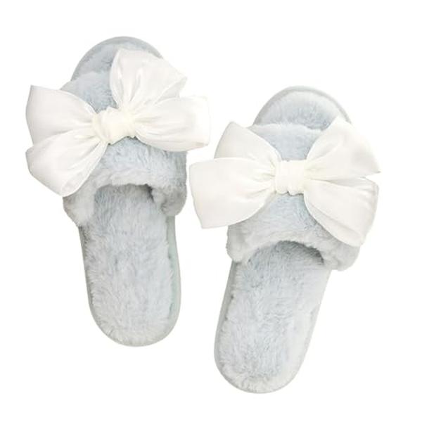 R0730-MD Womens Fuzzy Open Toe Slides Plush House Slippers, White Bow - Medium
