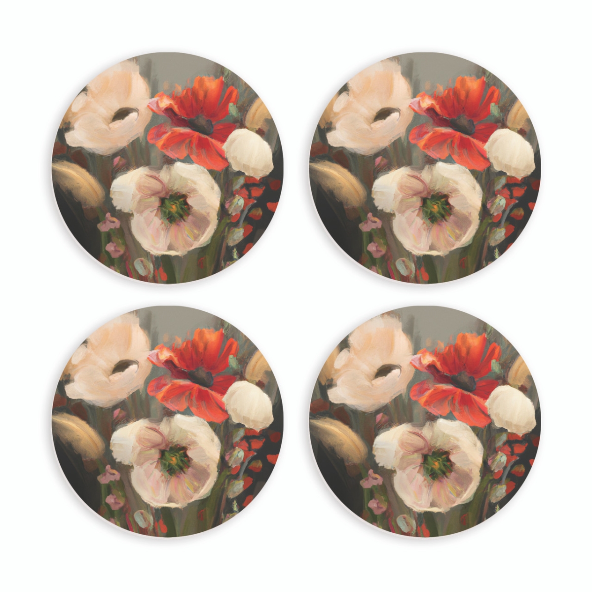 COCP0087 4 in. Flowers Ceramic Round Coaster Set, Pack of 4