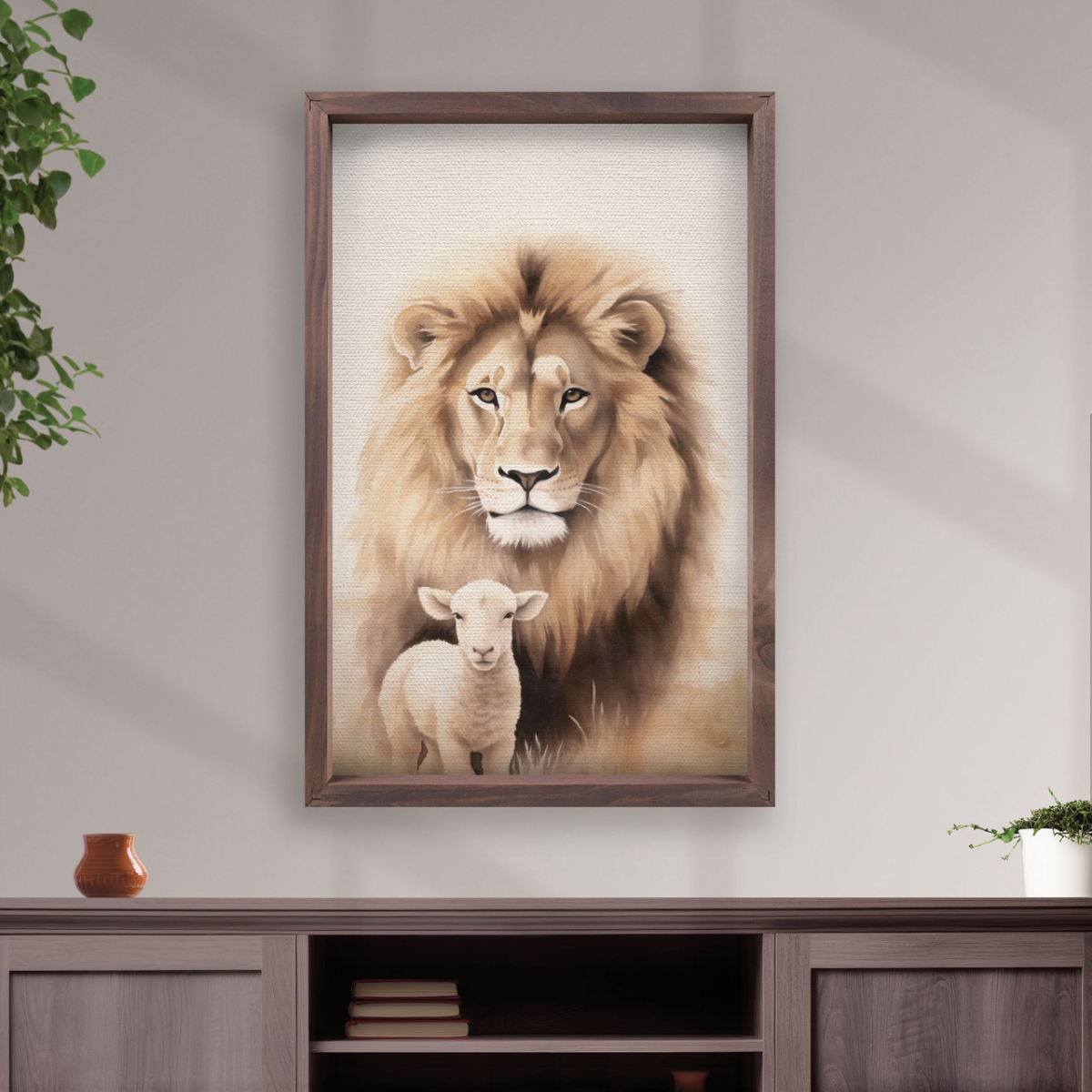 VFR0765 15.75 x 24.25 in. Lion & Lamb Framed Linen Art