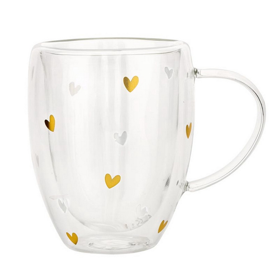 R0219 Sipping Pretty Double-Wall Tea Cup with Handle - Gold Foil Hearts