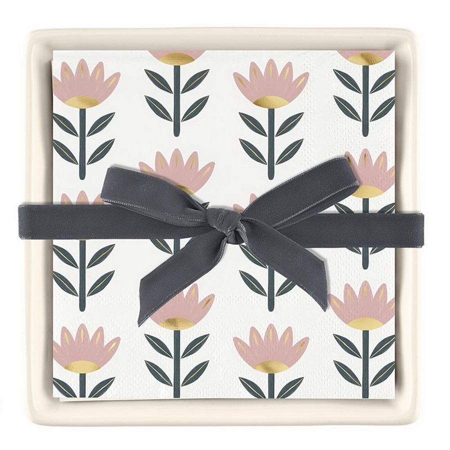 R0163 Ceramic Tray & Napkins - Flowers