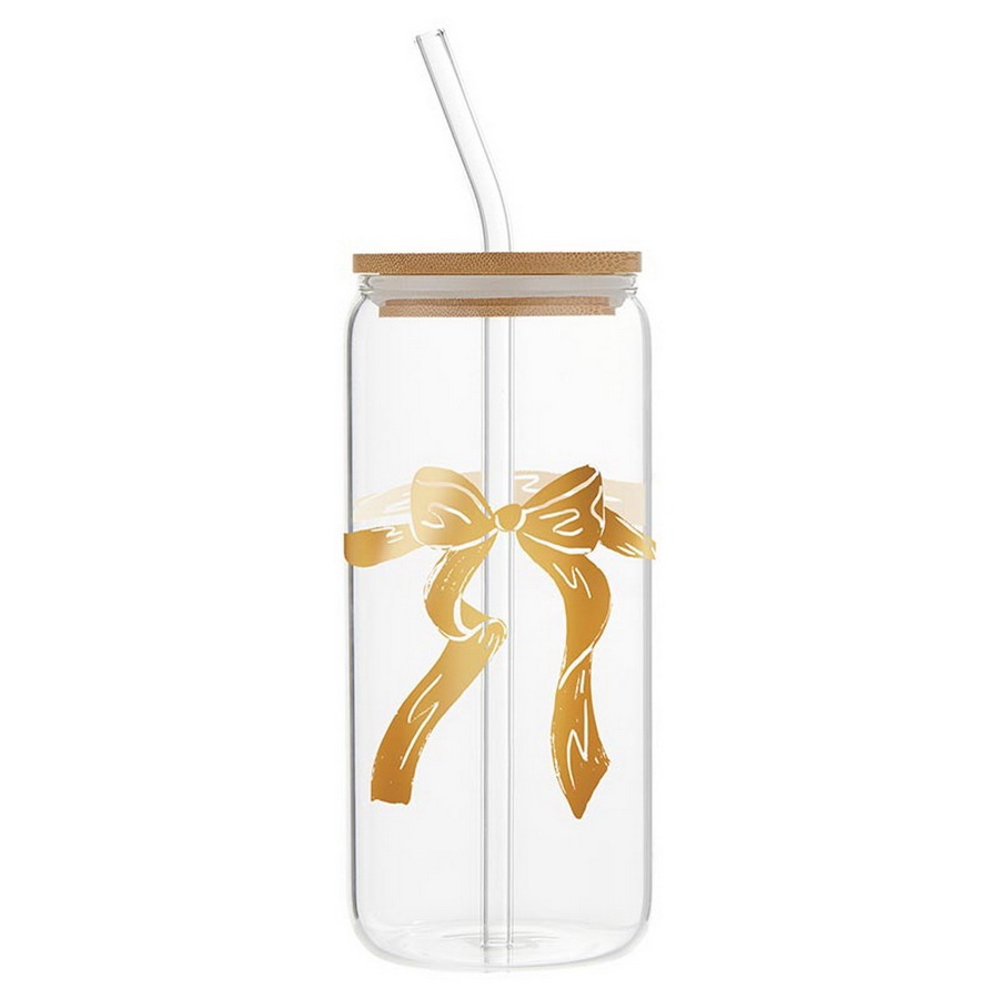 Picture of Christian Brands R0214 20 oz Sipping Pretty Glass Cold Brew Tumbler - Gold Bow