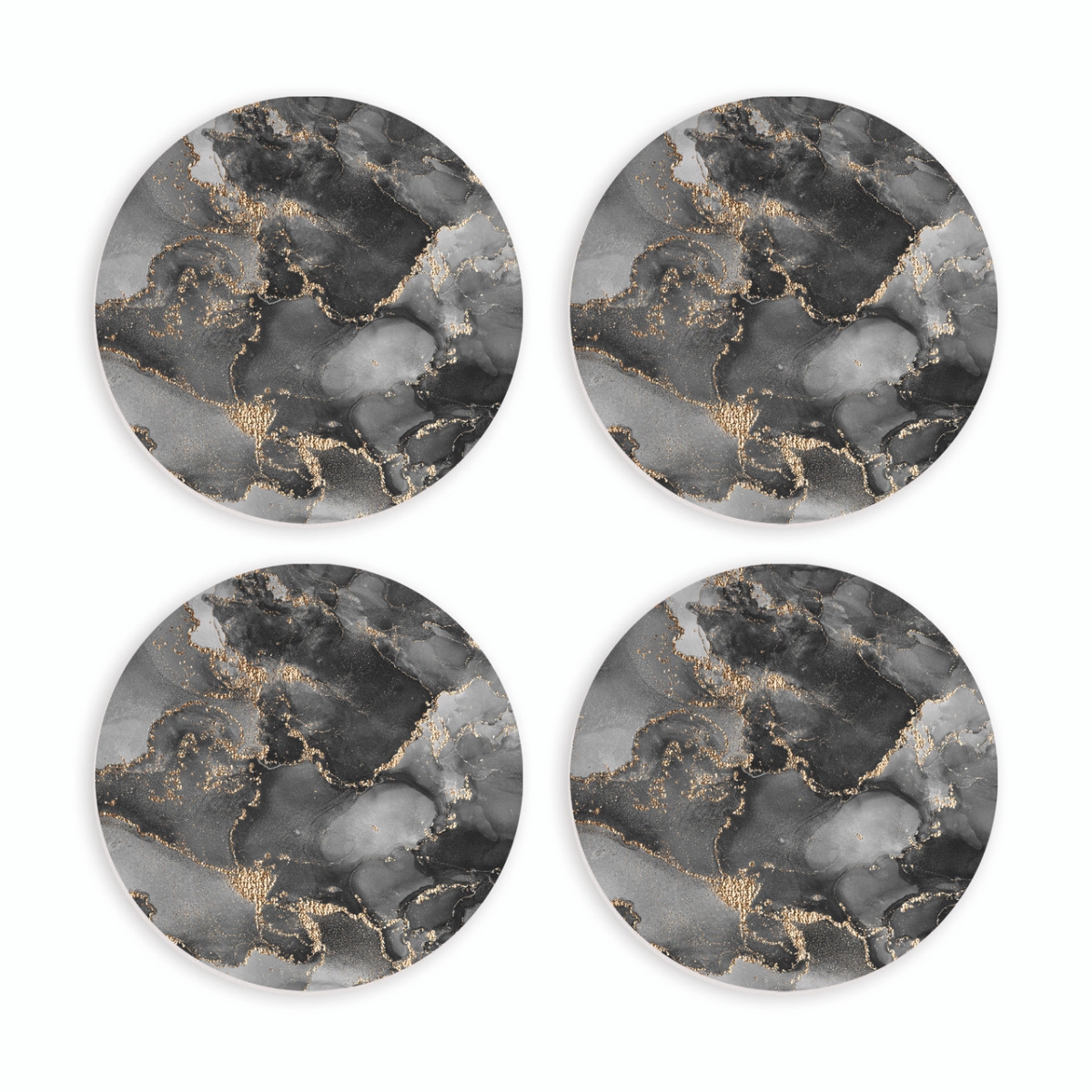 COCP0091 4 in. Black Marble Ceramic Round Coaster Set, Pack of 4