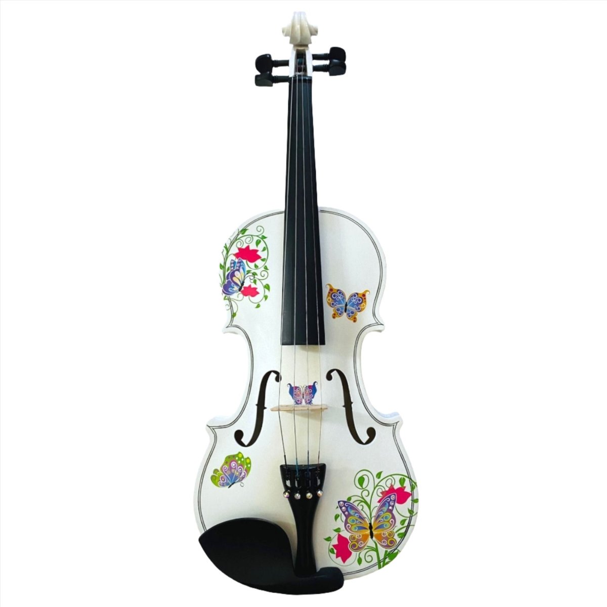 Picture of Rozannas Violins whiteb Butterfly Dream II White Bejeweled Violin Outfit with Carbon Fiber Bow Case Rosin Strings Crystal Fine Tuners Set Up
