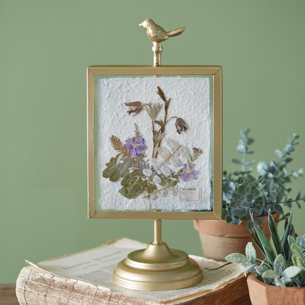 Picture of CTW Home Collection 440401 Gilded Pressed Botanical Stand - Larkspur & Strawberry Leaf
