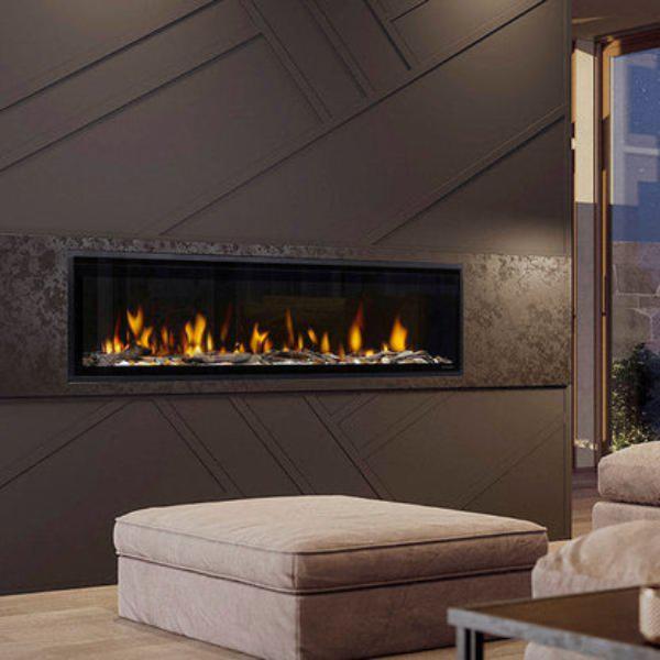 500002574 60 in. Ignite Evolve Built-in Linear Electric Fireplace with Tumbled Glass & Driftwood Media