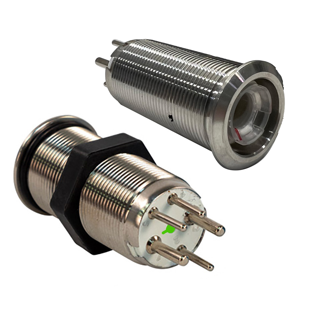 9057-2123 19 mm Inrush Push Button Switch Momentary Off & On-On - Blue & Red - Green LED - Switch Body Only