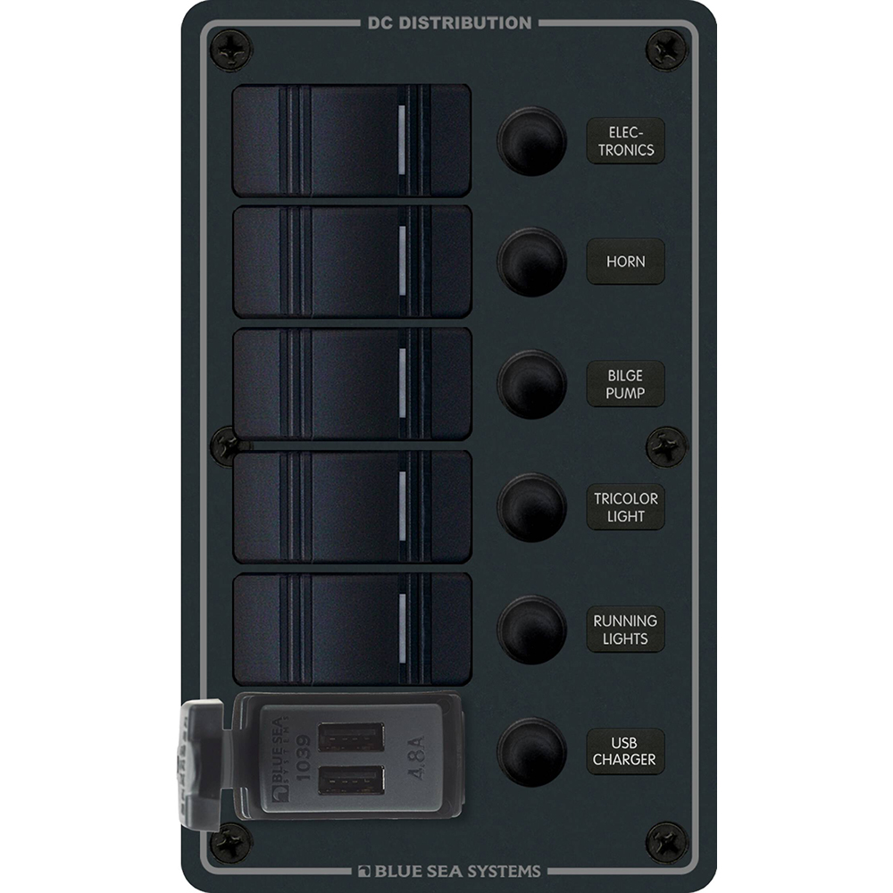 Blue Sea - 5 Position Contura Switch Panel w/Dual USB Chargers - 12/24V DC - Black