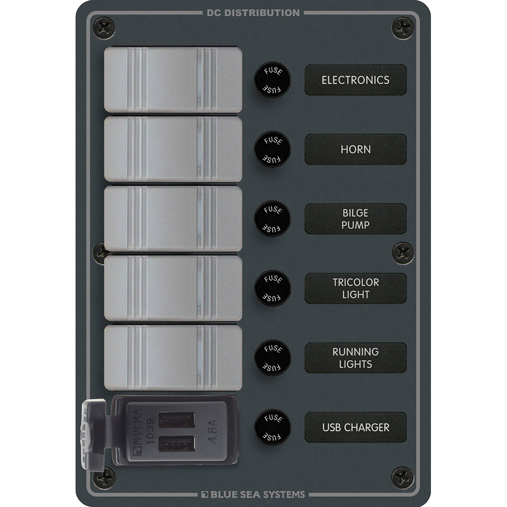 Blue Sea - 5 Position Contura Switch Panel w/Dual USB Chargers - 12/24V DC - Black